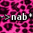 Pink leopard-print background with black spots and white text reading '->nab*' in the upper left corner.