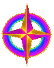 Four circular icons with four-pointed star centers, each displaying distinct color variations of rainbow rings and star points against a gray background.