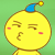 Yellow circular character with blue nightcap and pink cheeks winking left, mouth open in a playful expression against green background.