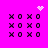 Pixelated of X and O symbols on bright pink background with floating heart and starburst effects