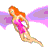 Animated sequence of a red-haired figure in pink dress with purple wings, shifting poses against white background.