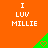 Orange background with white text "I LUV MILLIE" repeated in a , green triangular shapes containing pixelated hearts appear sequentially