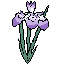 Pixelated purple irises with green stems on gray background, varying in bloom state across nine positions