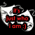 Pixelated icon with red text on a black background, featuring white smoke-like shapes surrounding the text.