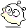 Pixelated ghost-like character with large round eyes, pink blush marks on cheeks, and two square antennae in various poses against gray background.