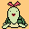 Pixel art contact sheet showing two frames of a green cartoon character with pink bunny ears, red lips, and green shoulder pads against an orange background.