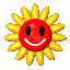A sunflower-shaped avatar with a red circular face, black eyes, and white smile on yellow petals; some views show the flower without facial features.