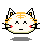 Pixel art cat head with closed eyes, orange stripes, red cheeks, and black whiskers on gray background.