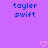 Purple background with blue pixelated text 'tayler swift' repeated twice, two pink heart symbols at bottom center and right.