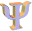Six 3D-rendered Greek psi symbols in varying orientations and color schemes on a gray background.