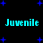 Pixelated cyan text 'Juvenile' repeated four times on a black background with scattered blue star shapes.