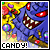 Animated pixel art of a blue monster with red eyes and sharp teeth holding a brown stick, surrounded by colorful candies on a yellow background with "CANDY!" text.