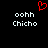 Red pixelated heart symbol above two identical white text blocks reading 'oohh Chicho' on black background.