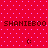 Red background with light purple dots, repeated text "SHANIEBOO" and smiley faces in dark brown pixels.