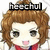 Pixelated chibi-style character with brown hair, red collar, and pink mouth; text "heeschul" above head in black block letters.