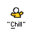 Pixelated figure with white head and yellow shirt extends right arm, standing above "Chill" text in quotation marks.