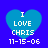 Four identical blue heart-shaped icons with white text reading "I LOVE CHRIS 11-15-06" on a solid blue background.