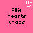 Pixelated pink background with white heart symbol above black text reading 'Allie hearts Chaos' in two identical vertical