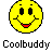 Animated contact sheet of 22 frames showing a yellow smiley face with red tongue in various positions across a gray background, each labeled "Coolbuddy" below.