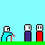 Pixelated character in light blue shirt and red pants bends forward, alternating with static purple and red rectangular shapes on light blue background with green horizontal stripe.
