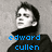 A pixelated grayscale image of a person in a high-collared dark coat with blue text reading 'edward cullen' on the left and '= hottie' on the right.