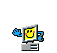 Pixelated animated buddy icon showing a smiling computer monitor character waving with blue arms across six sequential frames.