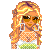 Pixel art buddy icon featuring a blonde woman in a white crop top, green shorts, and sunglasses with dollar signs on the ground below her.