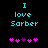 Cyan text "I love Sorber" on black background with pink and purple heart symbols below, two variations of the same design.