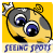Animated pixel art icon of a yellow and gray spotted character with large blue eyes, wearing a small crown-like accessory, displayed across multiple frames showing subtle facial expression changes against a solid yellow background with "SEEING SPOTS" text at the bottom.