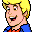Pixelated cartoon character with blonde hair, blue shirt, and orange chest details against gray background.