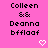 Pixelated text 'Colleen && Deanna bfflaaf' on bright pink background with white heart and arrow symbols, some text repeated in