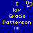 Blue background with yellow pixelated text reading "I love Gracie Patterson!!!" and a heart symbol replacing the 'o' in 'love'.
