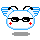 Pixelated cartoon head with blue outline, black glasses, red crosses on cheeks, and blue-and-white striped ears, shown in four variations with differing ear shapes and glasses details.