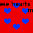 Red background with scattered blue hearts and repeated black text fragments reading 'ese hearts ese hearts m' in pixelated font.