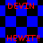 Blue and black checkered background with red text reading 'DEVIN' and 'HEWIT!!' in pixelated font.