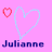 A pink background displays a of nine identical heart-shaped icons with blue outlines, each paired with the name 'Julianne' in dark purple text below