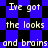 Pixelated text repeats across a blue and black checkered background with visible animation changes.