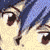 Pixelated anime-style character with blue hair and brown eyes appears in repeated horizontal , alternating between full face and partial views against a light purple background