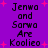 Purple background with pink plus-shaped stars and repeated pixelated text reading "Jenwa and Sarwa Are Koolieo" in black.