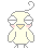 Pixelated yellow chick with closed eyes, pink cheeks, and a curled tail, shown in two poses with arms at sides and arms raised against gray background.