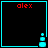 Four identical square with cyan borders display red "alex" text and a cyan pixelated object at the bottom right corner