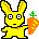 Yellow pixelated rabbit holding orange carrot with green top, displayed in of static poses showing varied expressions and sleep symbols