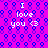 Pixelated icon with repeating text "I love you <3" on a purple background with blue circular patterns.