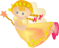 Animated angel figure with blonde hair, blue eyes, and pink cheeks holding a star-tipped wand, wearing a yellow dress with stars and pink shoes, wings visible behind.