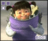 A cartoon character with pigtails wrapped in purple fabric, wearing a white and gray outfit, smiling while making hand gestures.