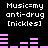 Black background with white pixelated text reading "Music=my anti-drug [nickles]" and pink audio equalizer bars in two , with the top showing a different bar pattern than the bottom