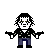 Pixel art character with white face, black hair, and dark sunglasses holding two black handguns, wearing black jacket with light squares and blue pants against gray background.