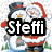 Santa Claus figure with snowman and candy cane, text "Steffi" over white background; heart-shaped candy cane with text "Say's" over green background; Christmas ornament with text "y Chris" over green background.