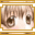 Pixelated anime-style face with brown hair and white clothing, framed by a gold border; orange text appears above the head in one frame.