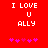 Red background with white pixelated text "I LOVE U ALLY" and pink star-like symbols below, showing animation change in symbol count.